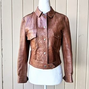 Vintage 1970s Cropped Moto Leather Jacket Caramel Brown